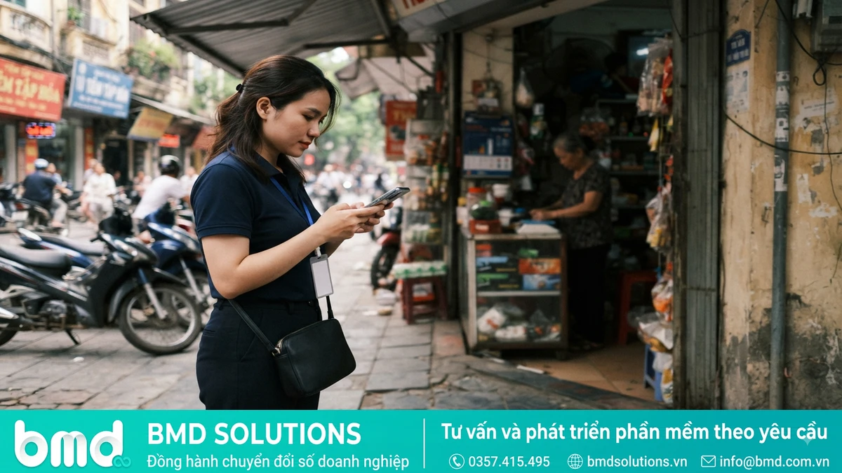 Ảnh đại diện toàn bài: nhân viên bán hàng check-in bằng điện thoại tại một điểm bán lẻ nhỏ – phần mềm quản lý nhân viên bán hàng đi tuyến