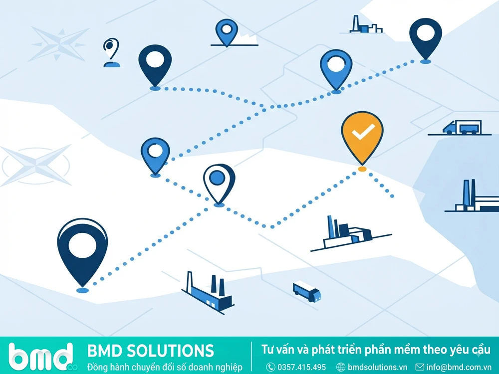 Sơ đồ minh họa bản đồ lộ trình đi tuyến với các điểm check-in GPS – phần mềm quản lý nhân viên bán hàng đi tuyến