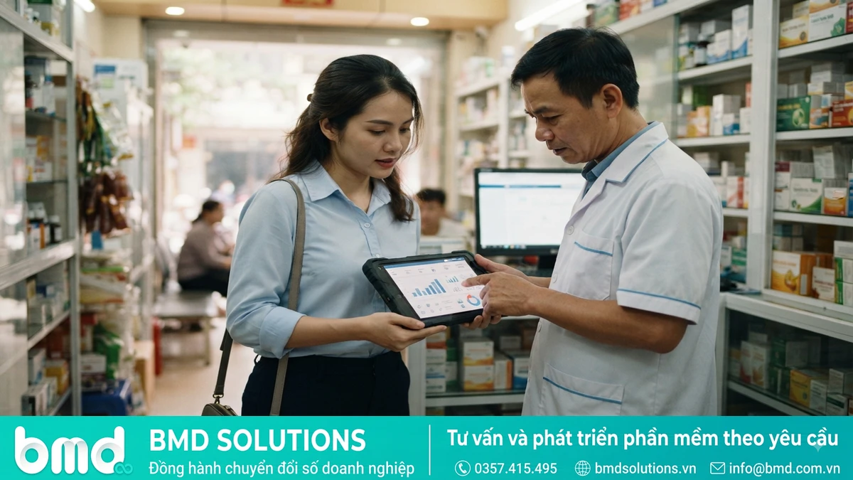 Ảnh đại diện toàn bài: trình dược viên trao đổi với dược sĩ tại quầy thuốc về đơn hàng trên máy tính bảng – phần mềm dms ngành dược phẩm