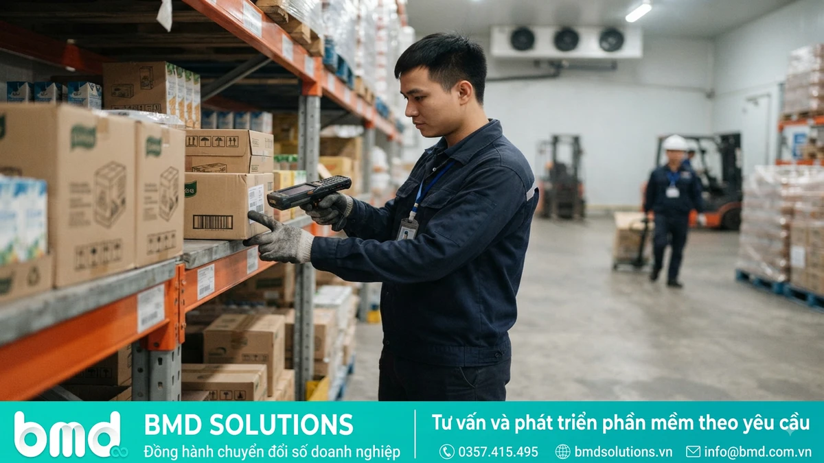 Ảnh đại diện toàn bài: nhân viên kho kiểm tra hạn sử dụng lô hàng thực phẩm, đồ uống bằng thiết bị quét – phần mềm dms ngành thực phẩm đồ uống
