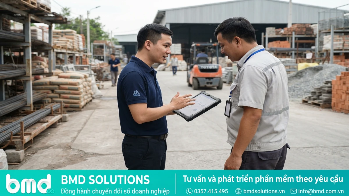 Ảnh đại diện toàn bài: chuyên viên phần mềm trao đổi với quản lý đại lý vật liệu xây dựng tại bãi hàng – phần mềm dms ngành vật liệu xây dựng