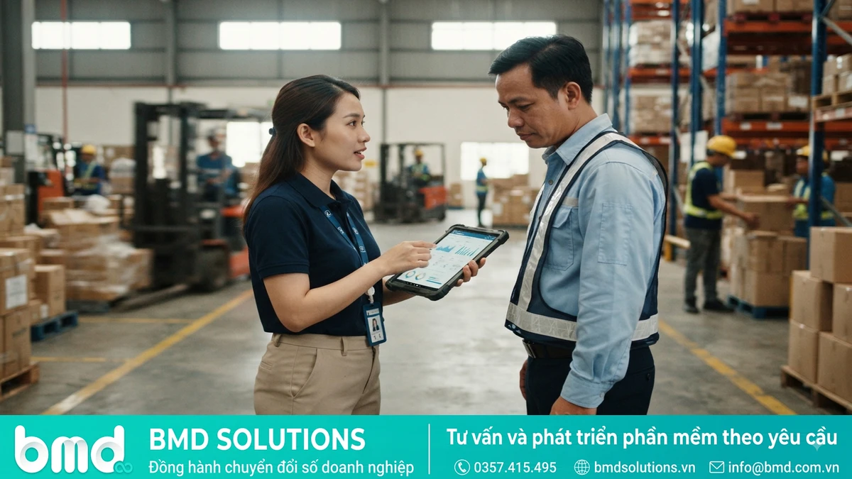 Ảnh đại diện toàn bài: chuyên viên phần mềm trao đổi với quản lý kho phân phối về hệ thống DMS trên máy tính bảng – phần mềm dms quản lý phân phối