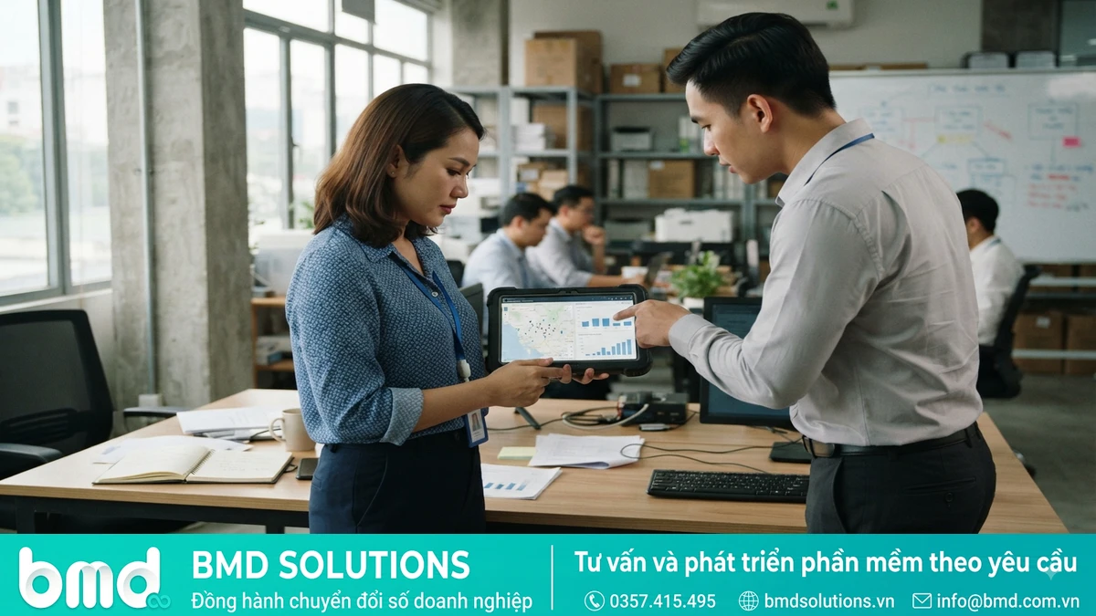 Ảnh đại diện toàn bài: nhân viên kinh doanh tra cứu thông tin đại lý trên điện thoại tại văn phòng phân phối – phần mềm quản lý đại lý điểm bán