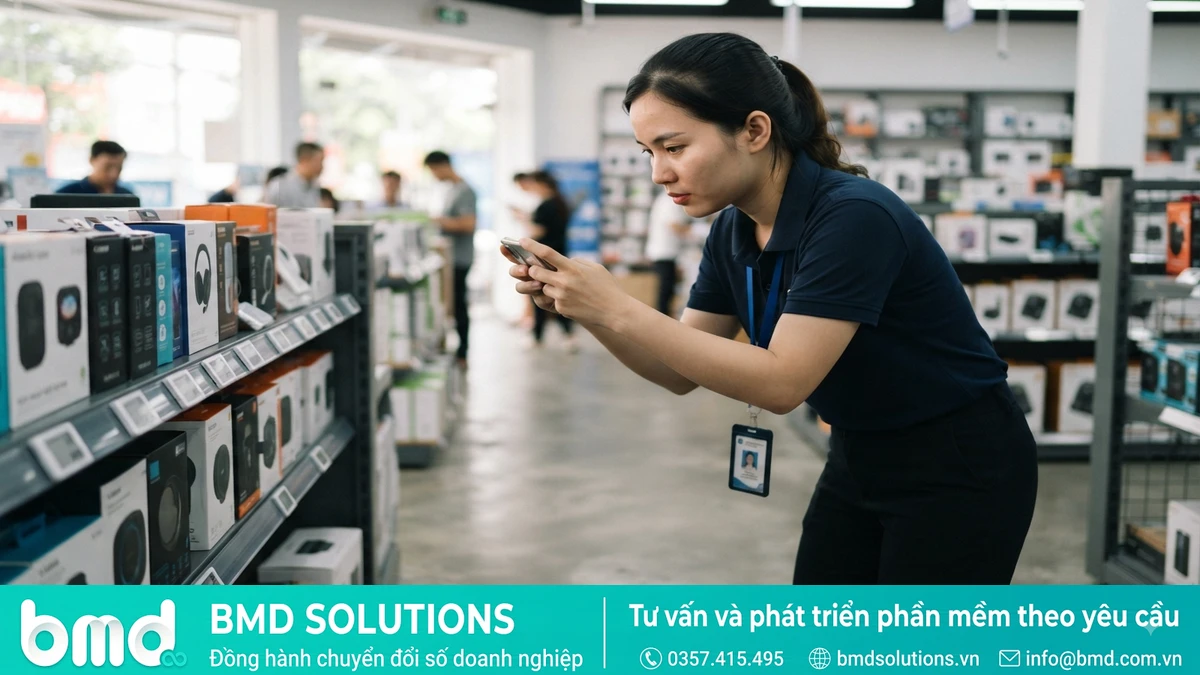Ảnh đại diện toàn bài: nhân viên thị trường chụp ảnh trưng bày sản phẩm tại kệ hàng điểm bán – phần mềm quản lý khuyến mãi trưng bày điểm bán